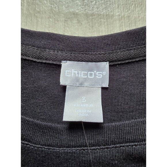 Chicos Black Tunic Top W/Silver Accent Stripes Size 3 (18/20 XL) Short Sleeves - Picture 4 of 8